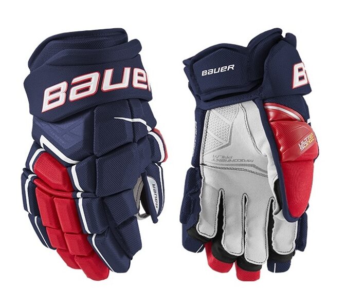 Bauer Supreme Ultrasonic Senior ice hockey gloves (blue and red)