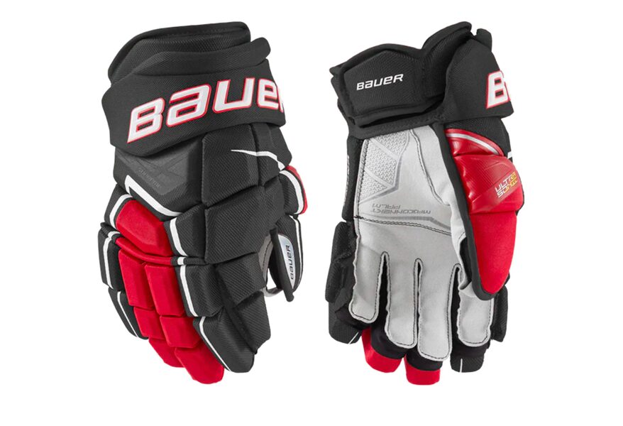 Bauer Supreme Ultrasonic Youth ice hockey gloves (black and red)